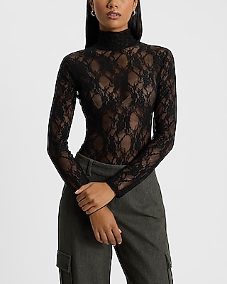 Sheer Lace Mock Neck Long Sleeve Bodysuit