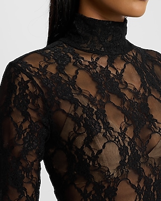 Sheer Lace Mock Neck Long Sleeve Bodysuit