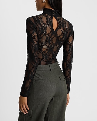 Sheer Lace Mock Neck Long Sleeve Bodysuit