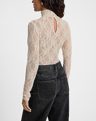 Sheer Lace Mock Neck Long Sleeve Bodysuit