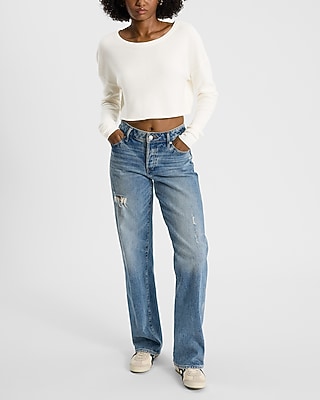 Waffle Crew Neck Long Sleeve Cropped Boyfriend Tee - image 3