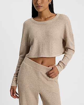 Glitter Waffle Crew Neck Long Sleeve Boyfriend Tee
