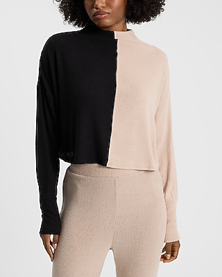 Reversible Cozy Ribbed Color Block Mock Neck Top