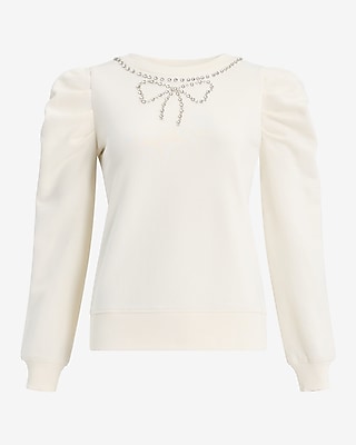 Embellished Bow Crew Neck Puff Sleeve Sweatshirt