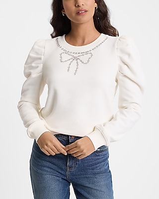 Embellished Bow Crew Neck Puff Sleeve Sweatshirt