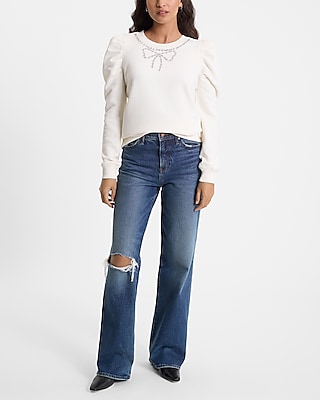 Embellished Bow Crew Neck Puff Sleeve Sweatshirt