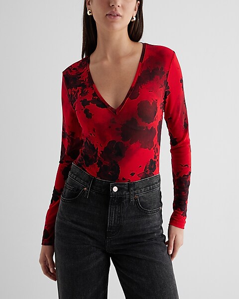 BAR III Womens XL Floral Print Square Neck Velvet Bodysuit Red Black NEW  FLAW