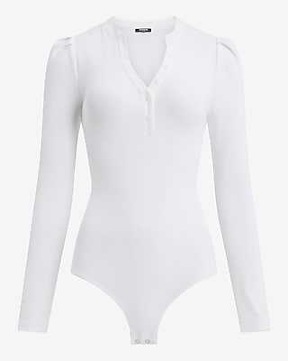 Ribbed Puff Sleeve Henley Bodysuit