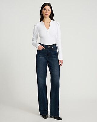Ribbed Puff Sleeve Henley Bodysuit