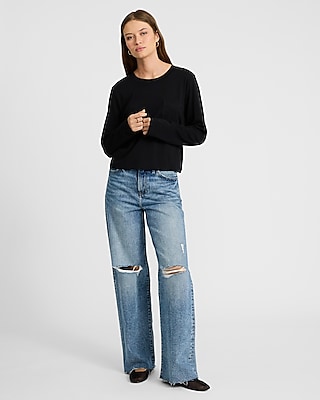 Crew Neck Long Sleeve Pocket Cropped Boyfriend Tee