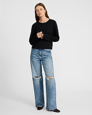 Crew Neck Long Sleeve Pocket Cropped Boyfriend Tee