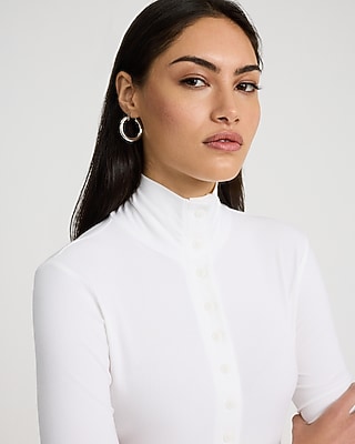 Ribbed Mock Neck Long Sleeve Button Front Tee | Express
