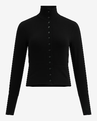 Ribbed Mock Neck Long Sleeve Button Front Tee