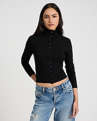 Ribbed Mock Neck Long Sleeve Button Front Tee