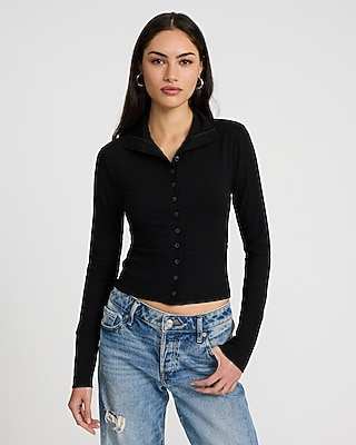 Ribbed Mock Neck Long Sleeve Button Front Tee