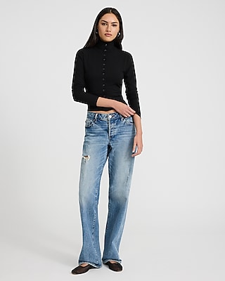 Ribbed Mock Neck Long Sleeve Button Front Tee