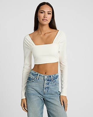 Body Contour Light Compression Stretch Cotton Ruched Shoulder Cropped Tee
