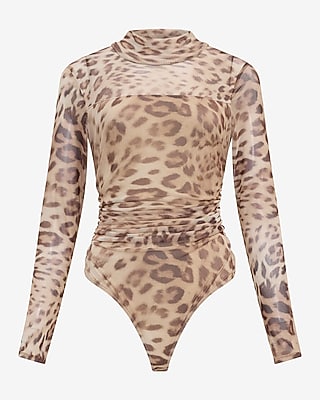 Ruched Mesh Leopard Print Mock Neck Long Sleeve Bodysuit
