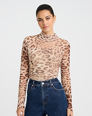 Ruched Mesh Leopard Print Mock Neck Long Sleeve Bodysuit