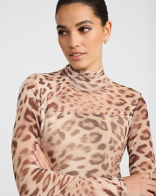 Ruched Mesh Leopard Print Mock Neck Long Sleeve Bodysuit