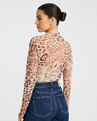 Ruched Mesh Leopard Print Mock Neck Long Sleeve Bodysuit