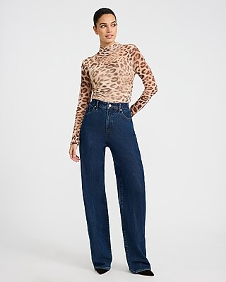 Ruched Mesh Leopard Print Mock Neck Long Sleeve Bodysuit