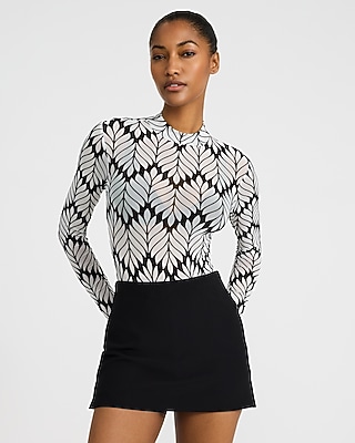Abstract Flocked Mesh Long Sleeve Bodysuit | Express