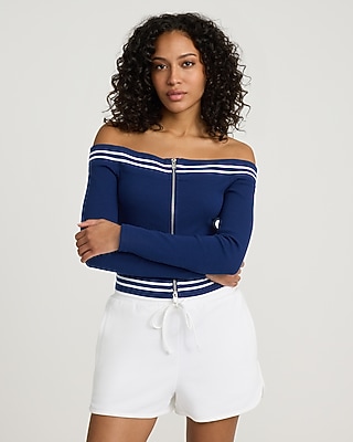 Striped Trim Off The Shoulder Zip Front Cropped Top