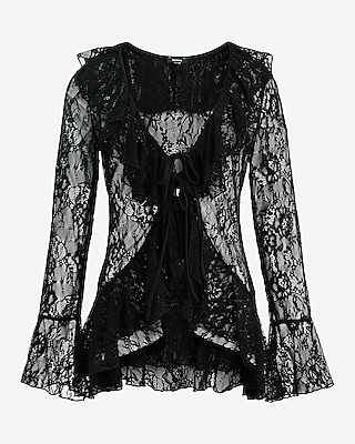Lace V-Neck Long Sleeve Tie Front Ruffle Top
