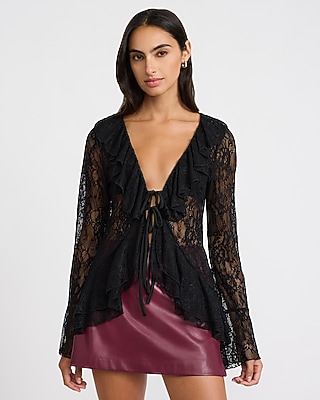 Lace V-Neck Long Sleeve Tie Front Ruffle Top