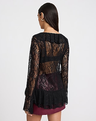 Lace V-Neck Long Sleeve Tie Front Ruffle Top