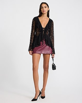 Lace V-Neck Long Sleeve Tie Front Ruffle Top