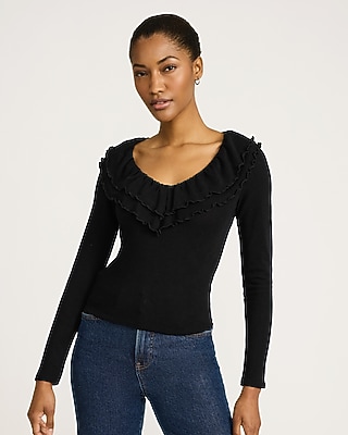 Crepe Double Ruffle V-neck Long Sleeve Tee | Express