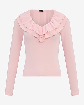 Crepe Double Ruffle V-Neck Long Sleeve Sweater