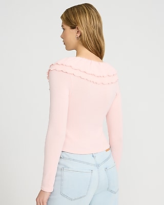 Crepe Double Ruffle V-Neck Long Sleeve Sweater