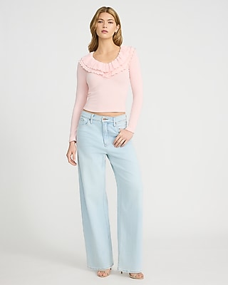 Crepe Double Ruffle V-Neck Long Sleeve Sweater