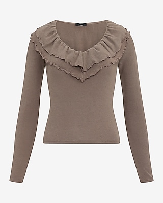 Crepe Double Ruffle V-neck Long Sleeve Tee | Express