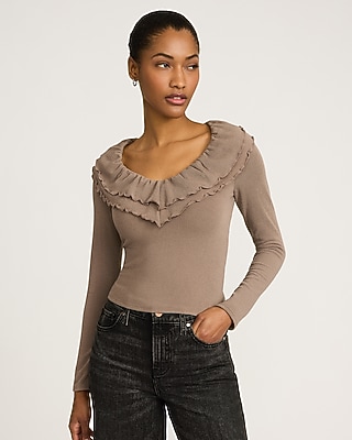 Crepe Double Ruffle V-neck Long Sleeve Tee | Express