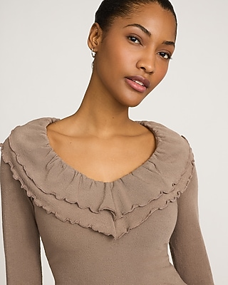 Crepe Double Ruffle V-neck Long Sleeve Tee | Express