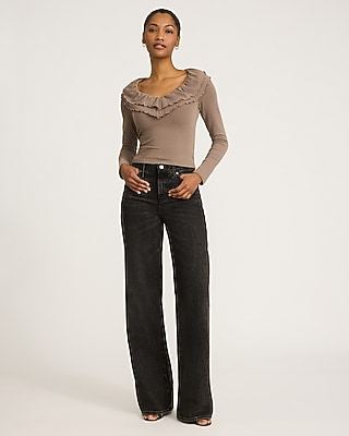 Crepe Double Ruffle V-neck Long Sleeve Tee | Express
