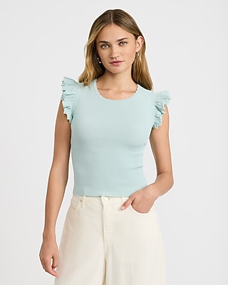 Ribbed Crew Neck Flutter Sleeve Tee