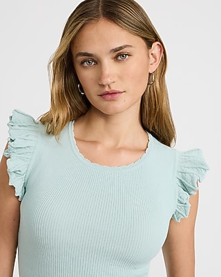 Ribbed Crew Neck Flutter Sleeve Tee