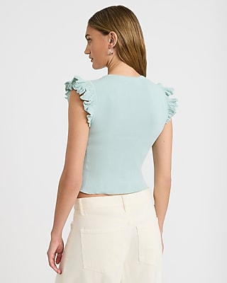 Ribbed Crew Neck Flutter Sleeve Tee