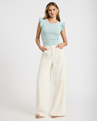Ribbed Crew Neck Flutter Sleeve Tee