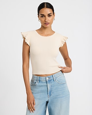 Ribbed Crew Neck Flutter Sleeve Tee | Express