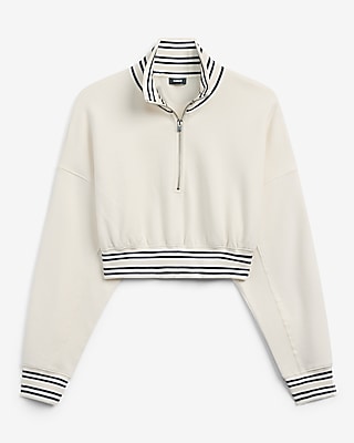 Striped Trim Quarter Zip Cropped Sweatshirt