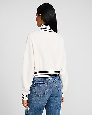 Striped Trim Quarter Zip Cropped Sweatshirt