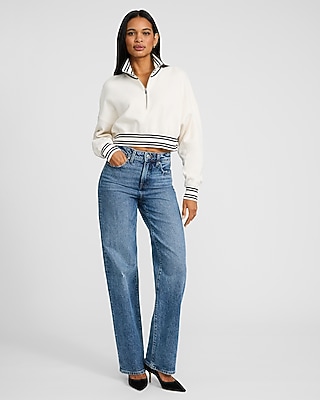 Striped Trim Quarter Zip Cropped Sweatshirt