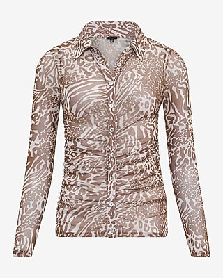Mesh Leopard Print Long Sleeve Ruched Shirt