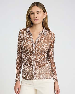 Mesh Leopard Print Long Sleeve Ruched Shirt